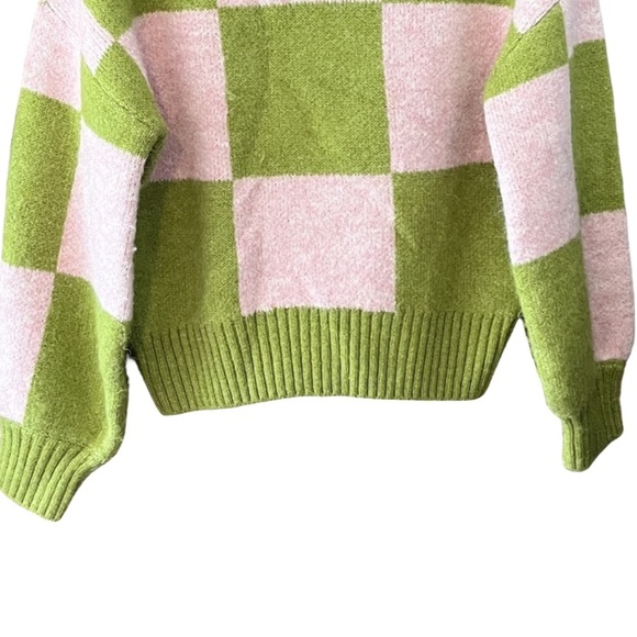New Native Youth Checkerboard Oversized Green Pink Knit Turtleneck Sweater XS - Picture 5 of 13